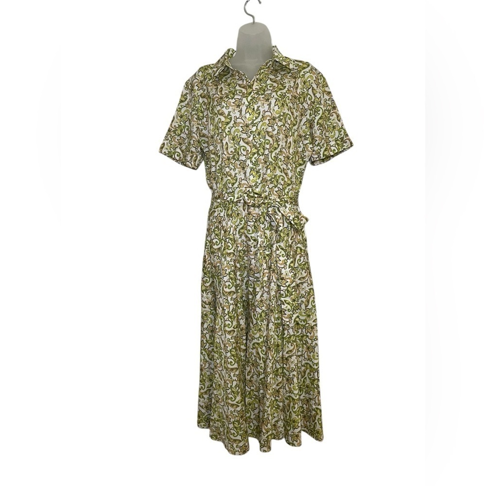 Palm Resort NWT Palm Tree Midi Shirt Dress Size 10 100% Tencel Cotton Green - Picture 3 of 8